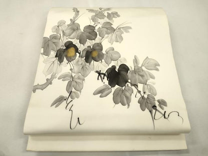 平和屋着物●塩瀬　九寸名古屋帯　作家物　手描き　蔦の葉文　金彩　松葉仕立て　正絹　逸品　CABJ2209dy