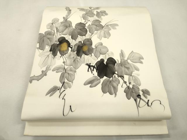 平和屋着物●塩瀬　九寸名古屋帯　作家物　手描き　蔦の葉文　金彩　松葉仕立て　正絹　逸品　CABJ2209dy