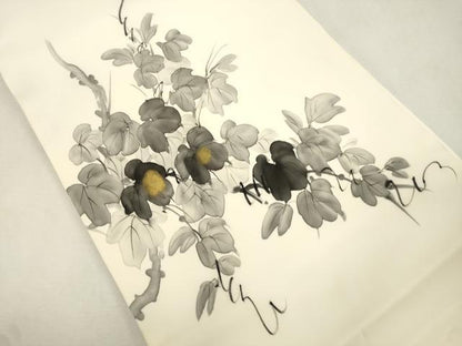 平和屋着物●塩瀬　九寸名古屋帯　作家物　手描き　蔦の葉文　金彩　松葉仕立て　正絹　逸品　CABJ2209dy