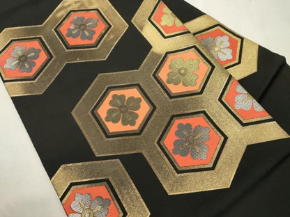 平和屋着物●西陣　川島織物　九寸名古屋帯　亀甲花文　黒地　金銀糸　正絹　逸品　CABJ2210dy