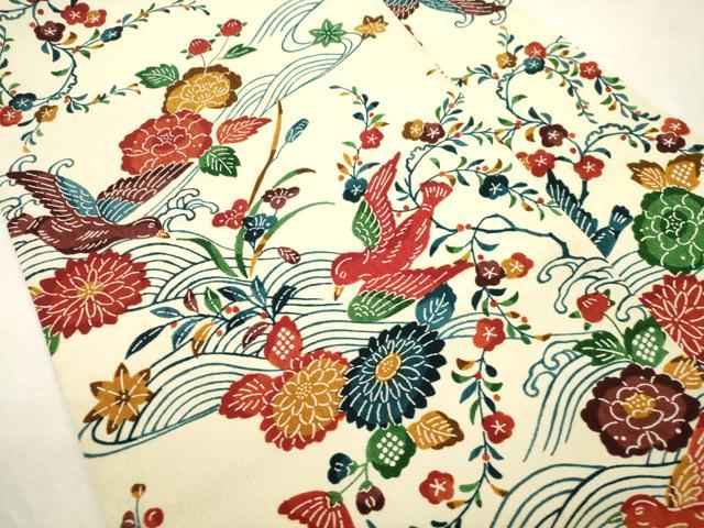 平和屋着物●九寸名古屋帯　型染め　花鳥文　鬼しぼ縮緬　CABJ2213dy