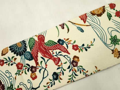 平和屋着物●九寸名古屋帯　型染め　花鳥文　鬼しぼ縮緬　CABJ2213dy