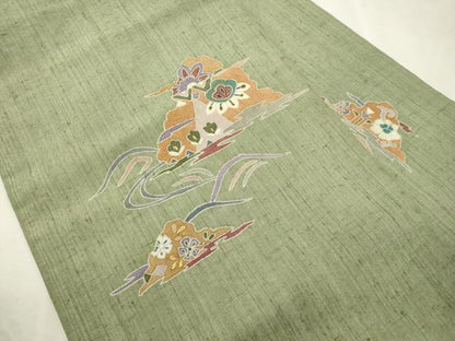 平和屋着物●九寸名古屋帯　紬地　駒刺繍　遠山花文　銀通し地　正絹　逸品　CABJ2214dy
