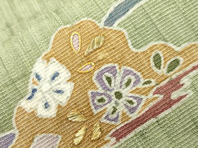 平和屋着物●九寸名古屋帯　紬地　駒刺繍　遠山花文　銀通し地　正絹　逸品　CABJ2214dy