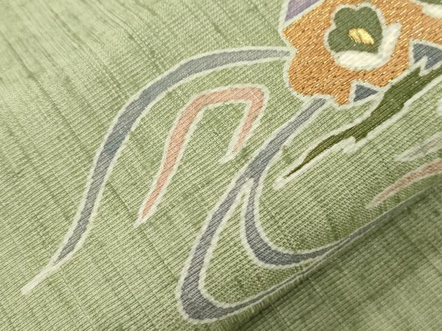 平和屋着物●九寸名古屋帯　紬地　駒刺繍　遠山花文　銀通し地　正絹　逸品　CABJ2214dy