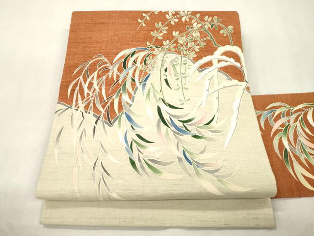 平和屋着物●九寸名古屋帯　紬地　刺繍　草木文　正絹　逸品　CABJ2215dy