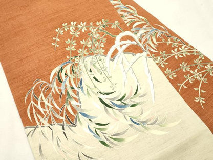 平和屋着物●九寸名古屋帯　紬地　刺繍　草木文　正絹　逸品　CABJ2215dy