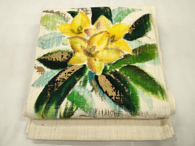 平和屋着物●八寸名古屋帯　手描き　紬地　草花文　正絹　逸品　CABJ2216dy