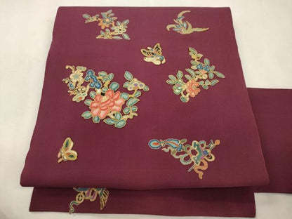 平和屋着物●中国三大刺繍　総相良刺繍　九寸名古屋帯　駒刺繍　花蝶文　正絹　逸品　CABJ2222dy