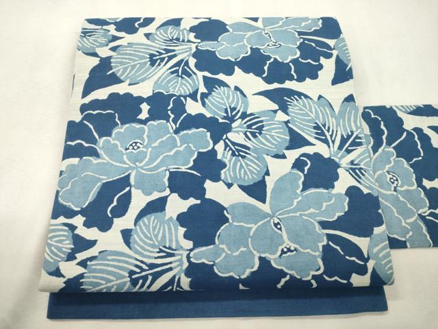 平和屋着物●九寸名古屋帯　紬地　藍　型染め　草花文　正絹　逸品　CABJ2225dy