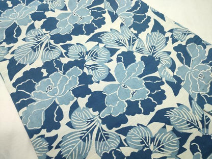 平和屋着物●九寸名古屋帯　紬地　藍　型染め　草花文　正絹　逸品　CABJ2225dy