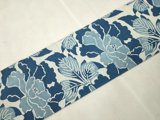 平和屋着物●九寸名古屋帯　紬地　藍　型染め　草花文　正絹　逸品　CABJ2225dy