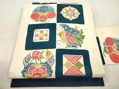 平和屋着物●塩瀬　全通柄九寸名古屋帯　型染め　花蝶文　正絹　逸品　CABJ2227dy