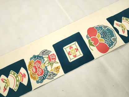 平和屋着物●塩瀬　全通柄九寸名古屋帯　型染め　花蝶文　正絹　逸品　CABJ2227dy