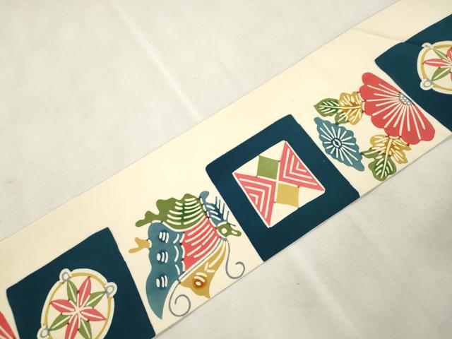 平和屋着物●塩瀬　全通柄九寸名古屋帯　型染め　花蝶文　正絹　逸品　CABJ2227dy