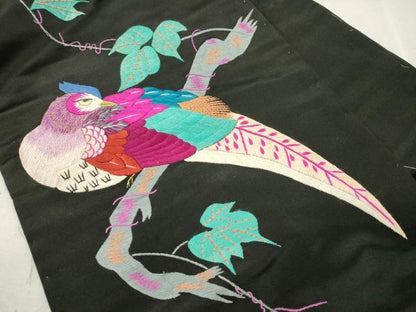 平和屋着物●アンティーク　大正ロマン　九寸名古屋帯　総手刺繍　尾長鳥花文　正絹　逸品　CABJ2228dy