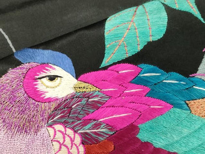 平和屋着物●アンティーク　大正ロマン　九寸名古屋帯　総手刺繍　尾長鳥花文　正絹　逸品　CABJ2228dy