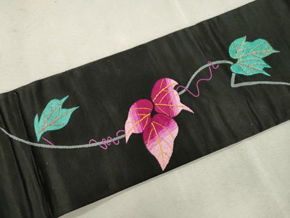 平和屋着物●アンティーク　大正ロマン　九寸名古屋帯　総手刺繍　尾長鳥花文　正絹　逸品　CABJ2228dy
