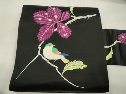 平和屋着物●アンティーク　大正ロマン　九寸名古屋帯　総手刺繍　休み鳥　黒地　正絹　逸品　CABJ2229dy