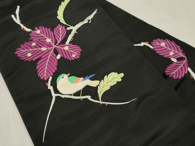 平和屋着物●アンティーク　大正ロマン　九寸名古屋帯　総手刺繍　休み鳥　黒地　正絹　逸品　CABJ2229dy