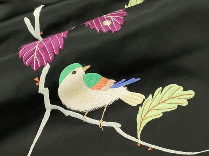 平和屋着物●アンティーク　大正ロマン　九寸名古屋帯　総手刺繍　休み鳥　黒地　正絹　逸品　CABJ2229dy