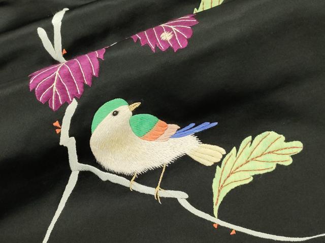 平和屋着物●アンティーク　大正ロマン　九寸名古屋帯　総手刺繍　休み鳥　黒地　正絹　逸品　CABJ2229dy