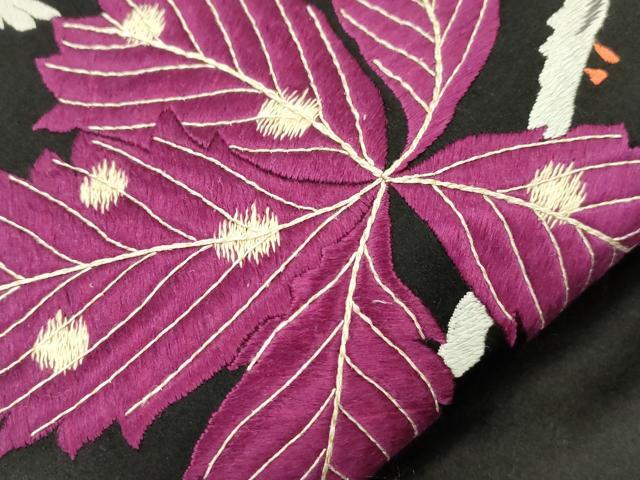 平和屋着物●アンティーク　大正ロマン　九寸名古屋帯　総手刺繍　休み鳥　黒地　正絹　逸品　CABJ2229dy