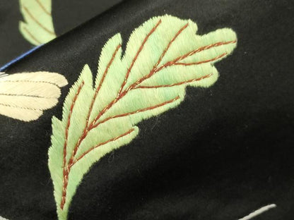 平和屋着物●アンティーク　大正ロマン　九寸名古屋帯　総手刺繍　休み鳥　黒地　正絹　逸品　CABJ2229dy