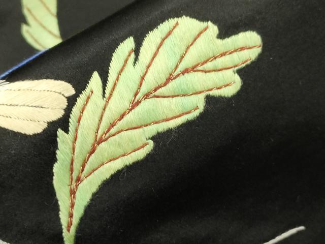 平和屋着物●アンティーク　大正ロマン　九寸名古屋帯　総手刺繍　休み鳥　黒地　正絹　逸品　CABJ2229dy