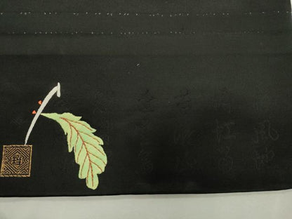 平和屋着物●アンティーク　大正ロマン　九寸名古屋帯　総手刺繍　休み鳥　黒地　正絹　逸品　CABJ2229dy