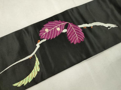 平和屋着物●アンティーク　大正ロマン　九寸名古屋帯　総手刺繍　休み鳥　黒地　正絹　逸品　CABJ2229dy
