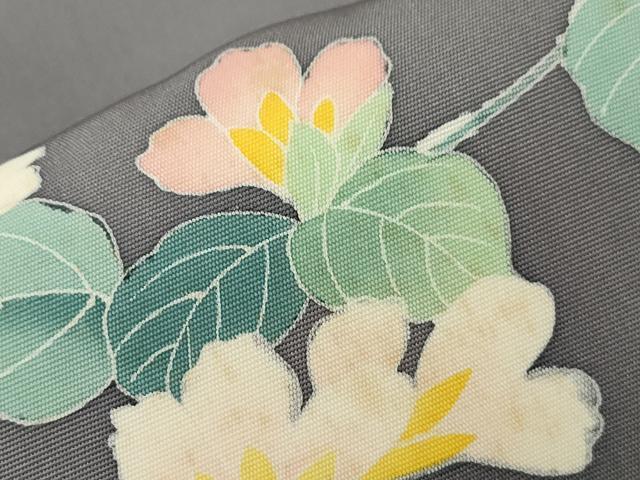 平和屋着物●塩瀬　九寸名古屋帯　友禅　作家物　草花文　正絹　逸品　CABJ2231dy