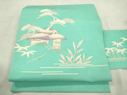 平和屋着物●塩瀬　九寸名古屋帯　刺繍　風景文　銀糸　正絹　逸品　CABJ2234dy