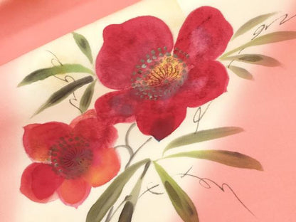 平和屋着物●塩瀬　九寸名古屋帯　作家物　手描き　草花文　正絹　逸品　CABJ2235dy