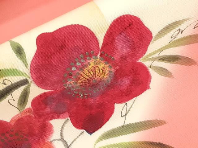 平和屋着物●塩瀬　九寸名古屋帯　作家物　手描き　草花文　正絹　逸品　CABJ2235dy