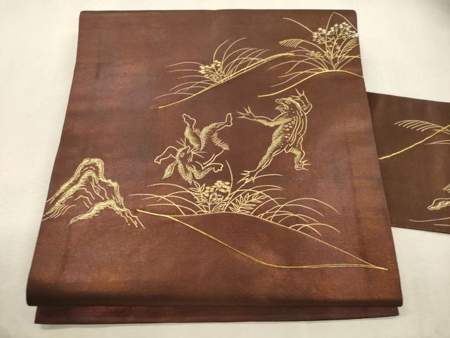 平和屋着物●九寸名古屋帯　駒刺繍　鳥獣戯画　金彩　正絹　逸品　CABJ2237dy