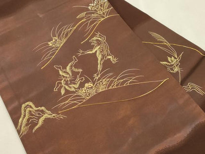 平和屋着物●九寸名古屋帯　駒刺繍　鳥獣戯画　金彩　正絹　逸品　CABJ2237dy