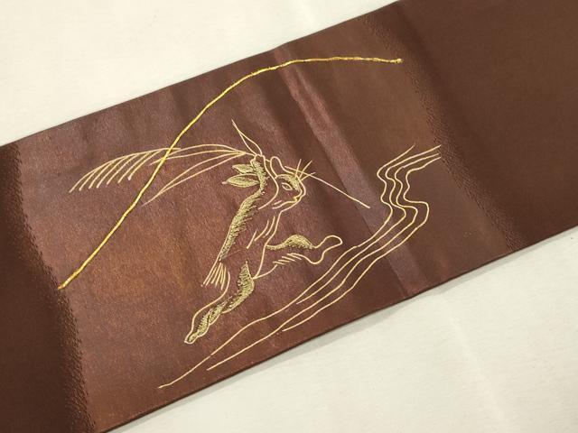 平和屋着物●九寸名古屋帯　駒刺繍　鳥獣戯画　金彩　正絹　逸品　CABJ2237dy