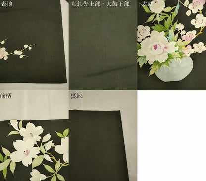 平和屋着物●塩瀬　九寸名古屋帯　手描き　陶器花文　黒地　正絹　逸品　CABJ2238dy