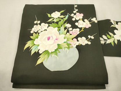 平和屋着物●塩瀬　九寸名古屋帯　手描き　陶器花文　黒地　正絹　逸品　CABJ2238dy