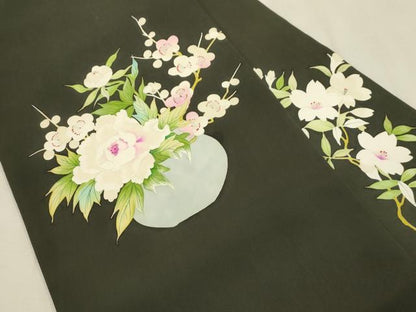 平和屋着物●塩瀬　九寸名古屋帯　手描き　陶器花文　黒地　正絹　逸品　CABJ2238dy