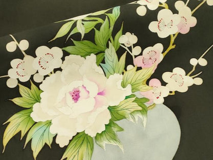 平和屋着物●塩瀬　九寸名古屋帯　手描き　陶器花文　黒地　正絹　逸品　CABJ2238dy