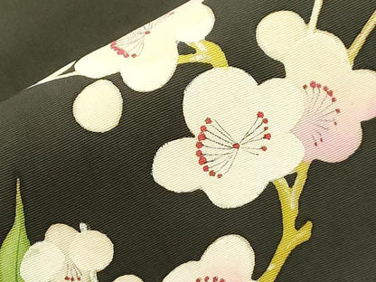 平和屋着物●塩瀬　九寸名古屋帯　手描き　陶器花文　黒地　正絹　逸品　CABJ2238dy