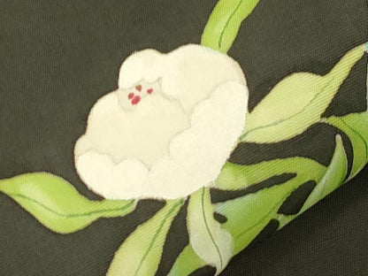 平和屋着物●塩瀬　九寸名古屋帯　手描き　陶器花文　黒地　正絹　逸品　CABJ2238dy