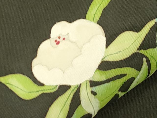 平和屋着物●塩瀬　九寸名古屋帯　手描き　陶器花文　黒地　正絹　逸品　CABJ2238dy