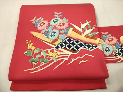 平和屋着物●塩瀬　九寸名古屋帯　友禅　舟　草花文　正絹　逸品　CABJ2240dy
