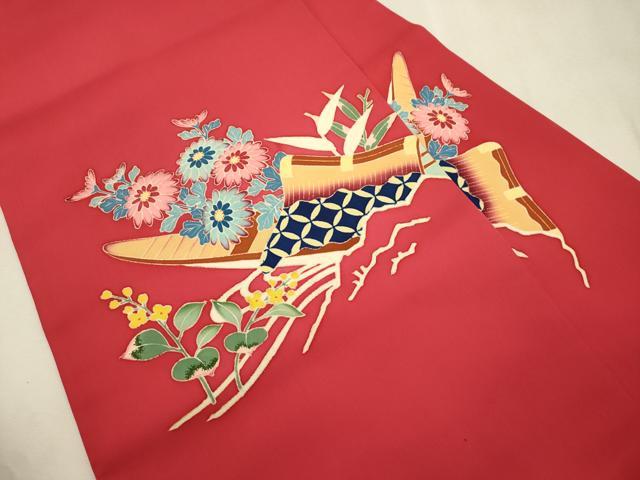 平和屋着物●塩瀬　九寸名古屋帯　友禅　舟　草花文　正絹　逸品　CABJ2240dy