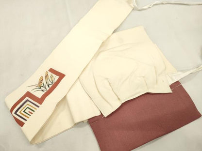 平和屋着物●つけ帯　型染め　草木文　鬼しぼ縮緬　正絹　逸品　CABJ2245dy