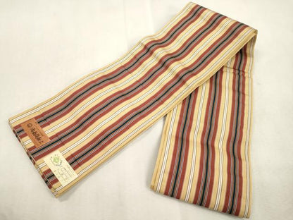 平和屋着物●本場筑前博多織　両面　半幅帯　縞　献上　証紙付き　正絹　逸品　未使用　CABJ2267dy