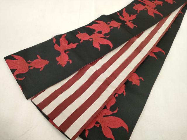 平和屋着物●両面　半幅帯　金魚　黒地　CABJ2269dy